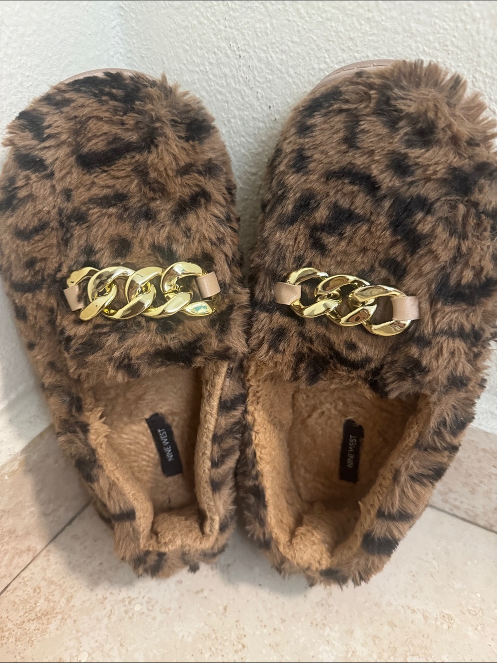 Nine West Leopard Faux-Fur Slippers with Gold Chain